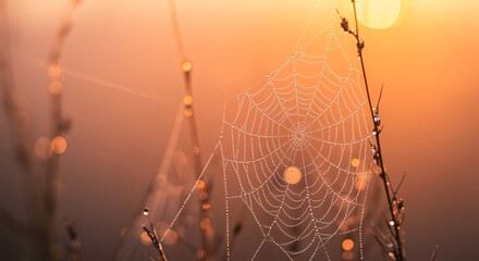 Delicate spiderweb glistening with morning dew at sunrise.