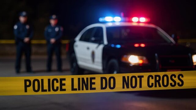 A nighttime scene showing a police car with flashing lights and two officers standing behind yellow caution tape marked "Police Line Do Not Cross."
