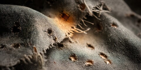 Close-up of damaged and burnt fabric with frayed edges and visible texture
