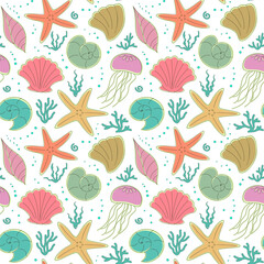 Seamless pattern of sea life, with shells, starfish, corals and jellyfish. Colorful vector elements on white background