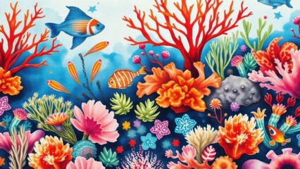 Watercolor Coral Reef Art, Ocean Life Pattern Design