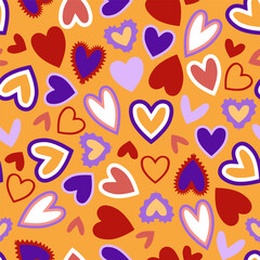 Modern multicolored hearts of different shapes in seamless pattern on orange background