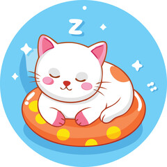 Adorable White Kitten Sleeping on Orange Pool Float