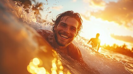 Surfer in sunset wave