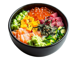 Colorful Sushi Bowl with Fresh Fish, Vegetables, and Rice Isolated Transparent Background