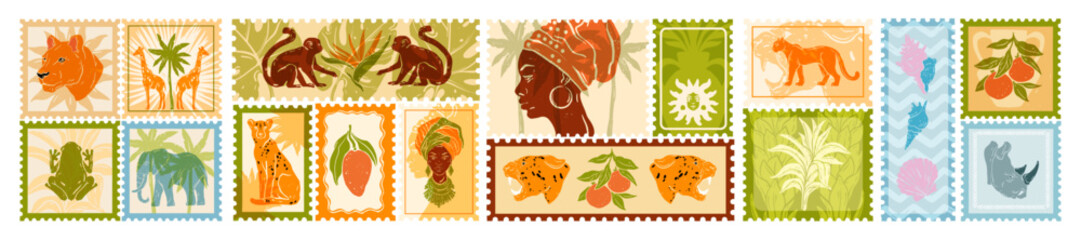 Fototapeta na wymiar Tropical summer postal stamps, hand drawn African travel postmark stickers, exotic jungle animals. Tourism nature retro postcard print, Hawaii island plant silhouette sticker. Vintage tropical stamp