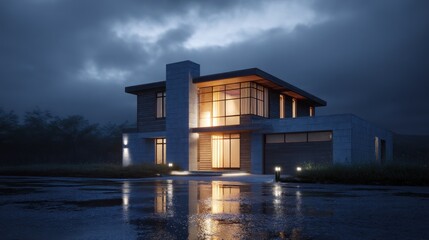 Modern house at night, rain, modern architecture