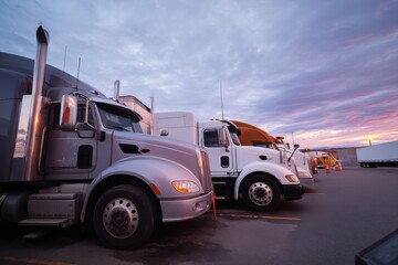 Fototapeta premium Trucks parked in a lot at sunset with a beautiful sky and changing colors