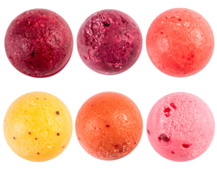 Six colorful sorbet balls isolated on transparent background