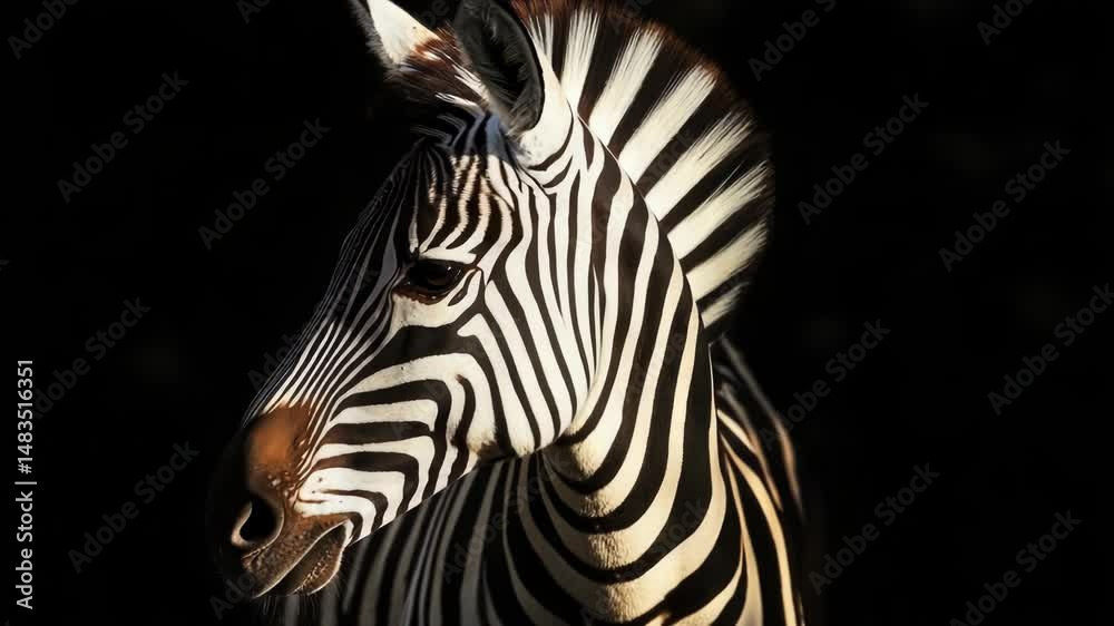 Poster a close-up shot of a zebra's face in the dark, highlighting its distinctive stripes