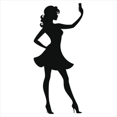Stylish Woman Taking a Selfie in Vector Silhouette/A stylish silhouette of a woman taking a selfie against a plain light gray background.
