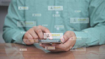 Customer review good rating concept, hand pressing user and five star icon on visual screen for positive customer feedback, testimonial and testimony, user comment and feedback for review.