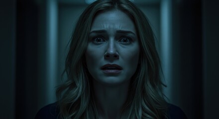Woman in a dimly lit hallway showing fear and anxiety amidst shadows