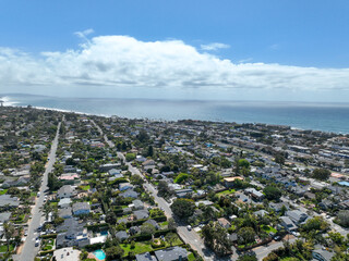 Aerial view of wealthy Encinitas town with blue ocean in San Diego, South California, USA. 