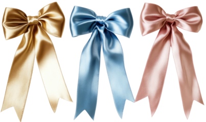 Three Satin Bows In Gold Blue And Pink  isolated on a transparent background