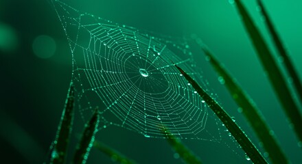 Delicate spiderweb glistening with morning dew