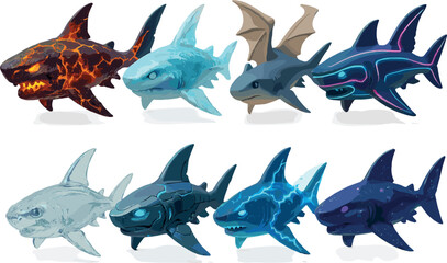 Fantasy shark icons set – 3d, aquatic creatures and mythical designs