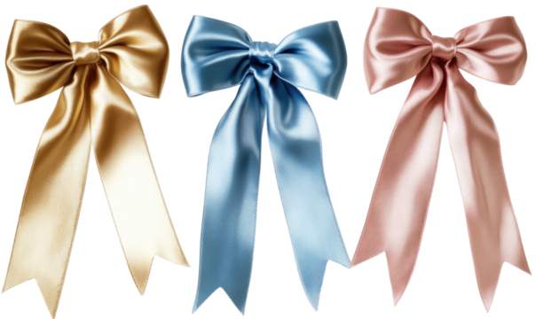Three Satin Bows In Gold Blue And Pink  isolated on a transparent background
