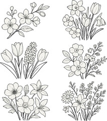 Spring flower arrangements icons set – outline, floral and botanical design elements