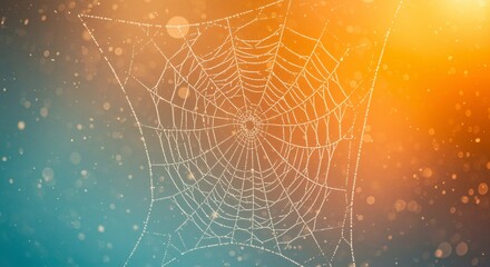 Delicate Spiderweb with Dew Drops in Warm Sunrise Light