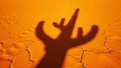 Cactus shadow on orange desert soil, sharp silhouette on warm earth, perfect natural contrast under intense sunlight.