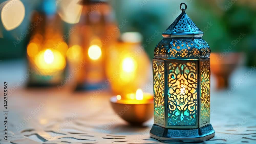 Poster a lantern sits on a table surrounded by candles