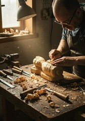 Craftsman Carving Wooden Sculpture by Hand