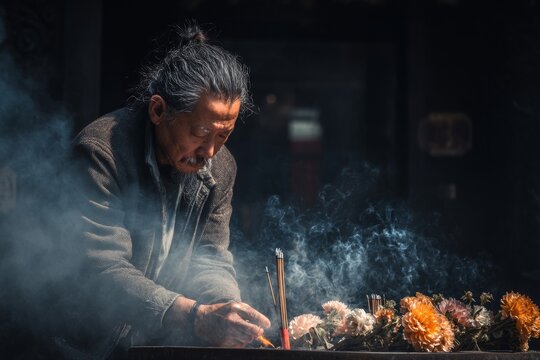 A serene older man offers incense and prayers at a traditional asian temple.