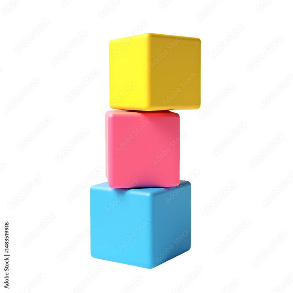 Poster a stack of three brightly colored cubes balanced on top of one another on isolated on transparent ba
