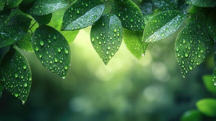 Fresh green leaves covered in dewdrops shine against a blurred background. It's great for nature themes, spas, or environmental campaigns.