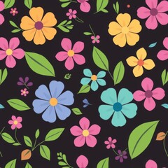 Paper flowers and leaves, colorful floral pattern on dark surface