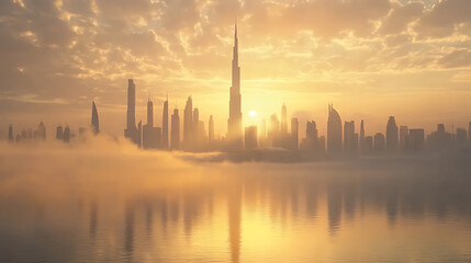 Dramatic evening skyline over modern waterfront high resolution picture