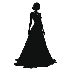 Fototapeta premium Vector Silhouette of a Woman in ( Gothic style dress)a Long Gown with Jewelry/A striking black silhouette of a woman wearing a long, flowing gown and elegant jewelry.