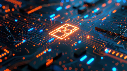 Glowing microchip on circuit board high tech technology and innovation
