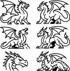 Dragon icons set &ndash; silhouette, mythical creatures and fantasy symbol collection