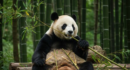 Obraz premium Giant Panda Enjoying Bamboo in Lush Forest