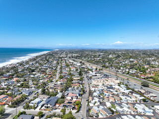 Fototapeta premium Aerial view of wealthy Encinitas town with blue ocean in San Diego, South California, USA. 