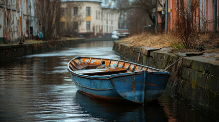 Obraz premium A small blue motorboat with its engine raised rests by a rusting steel embankment and concrete wall along a Riga canal
