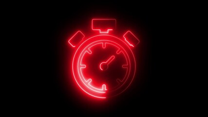 Glowing neon clock animation icon alarm clock stopwatch dial wall clock circle timer animated on black background. Glowing neon Clock icon - Powered by Adobe