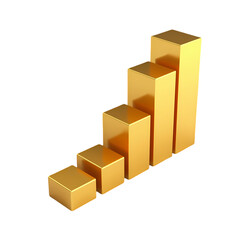Fototapeta premium A golden bar graph showing an upward trend in a three d render isolated on transparent background