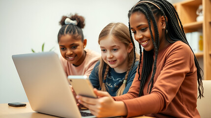 Group of three multi ethnic young girls age 11 - 12 sharing technology