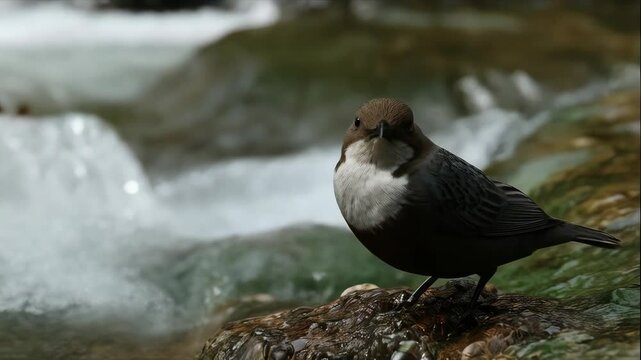 Brown dipper bird perched on rocks by the flowing stream in a peaceful natural environment, wildlife stock video