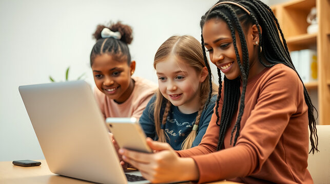 Group of three multi ethnic young girls age 11 - 12 sharing technology
