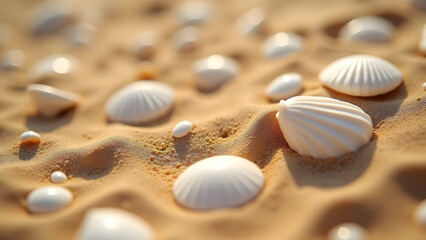 Beige sandy texture with white seashells, natural coastal ground detail, warm earth tones with marine elements.