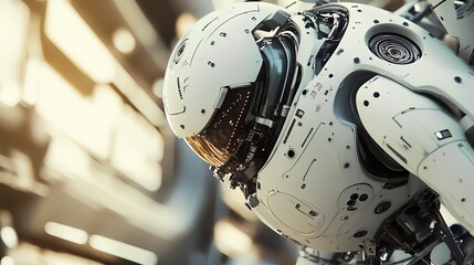 A detailed close-up shot of a futuristic robot, with an interesting look. The robot's sleek design is a testament to technological innovation