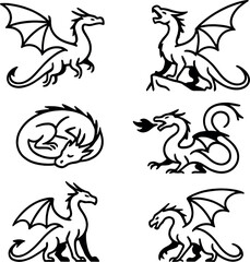 Classic dragon silhouettes icons set – simple, legendary mythical creature designs