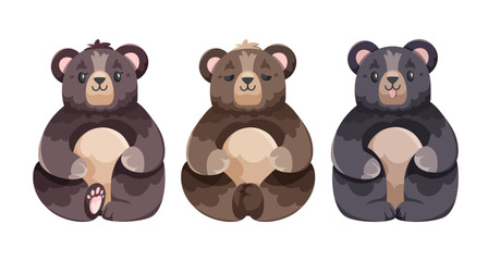 Vector set of three cute funny brown bears, clipart illustrations on a white background, simple cartoon kids' style, forest animals	

