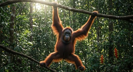 Bornean Orangutan Hanging from Tree Branch