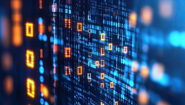 Abstract digital code wall.  Binary data streams in a dense matrix