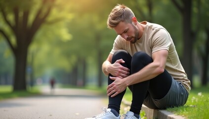 Fototapeta premium Man injured leg while jogging, american man sitting on ground, massaging sore muscle with hands, upset and injured runner.